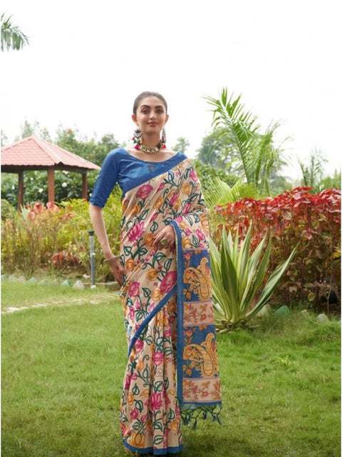 Generic Women's Faux_Tussar Kalamkari_Print Saree With Unstitched Blouse 5.5Mtr (Blue)