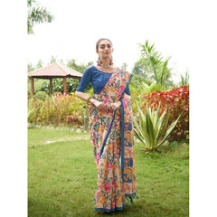 Generic Women's Faux_Tussar Kalamkari_Print Saree With Unstitched Blouse 5.5Mtr (Blue)