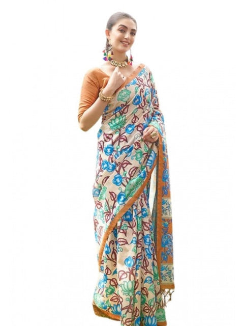 Generic Women's Faux_Tussar Kalamkari_Print Saree With Unstitched Blouse 5.5Mtr (Brown)