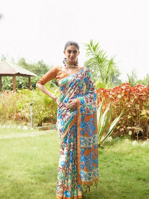 Generic Women's Faux_Tussar Kalamkari_Print Saree With Unstitched Blouse 5.5Mtr (Brown)