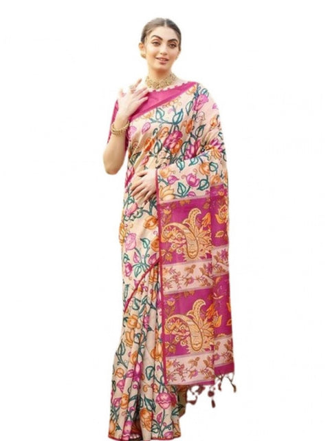 Generic Women's Faux_Tussar Kalamkari_Print Saree With Unstitched Blouse 5.5Mtr (Pink)