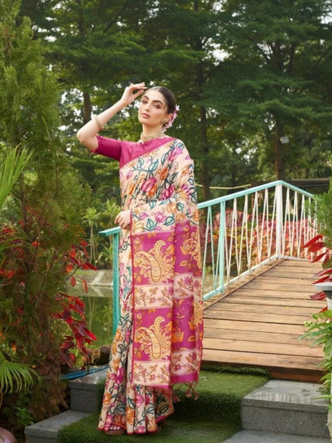 Generic Women's Faux_Tussar Kalamkari_Print Saree With Unstitched Blouse 5.5Mtr (Pink)