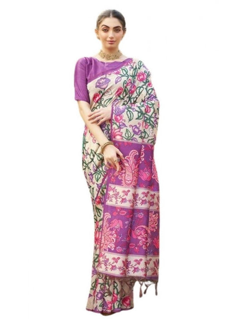 Generic Women's Faux_Tussar Kalamkari_Print Saree With Unstitched Blouse 5.5Mtr (Purple)