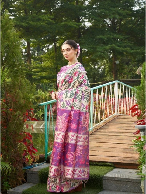 Women's Faux_Tussar Kalamkari_Print Saree With Unstitched Blouse 5.5Mtr (Purple)