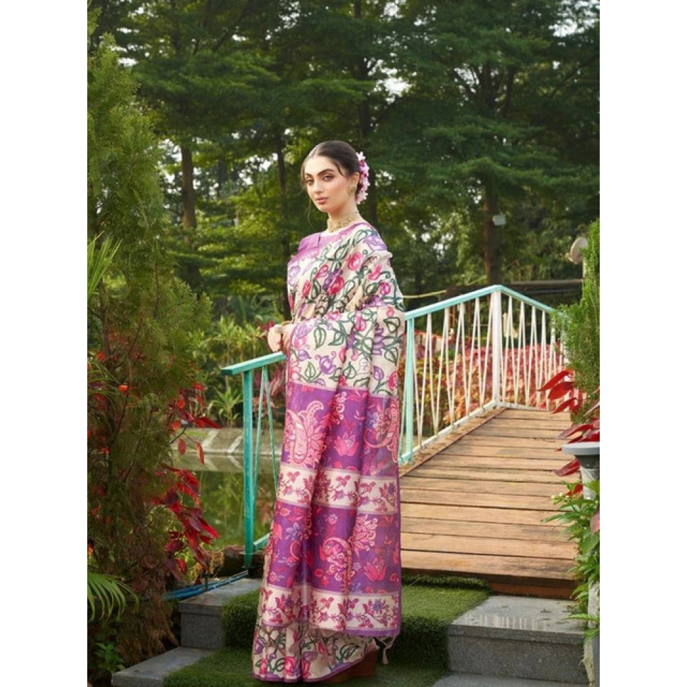 Women's Faux_Tussar Kalamkari_Print Saree With Unstitched Blouse 5.5Mtr (Purple)