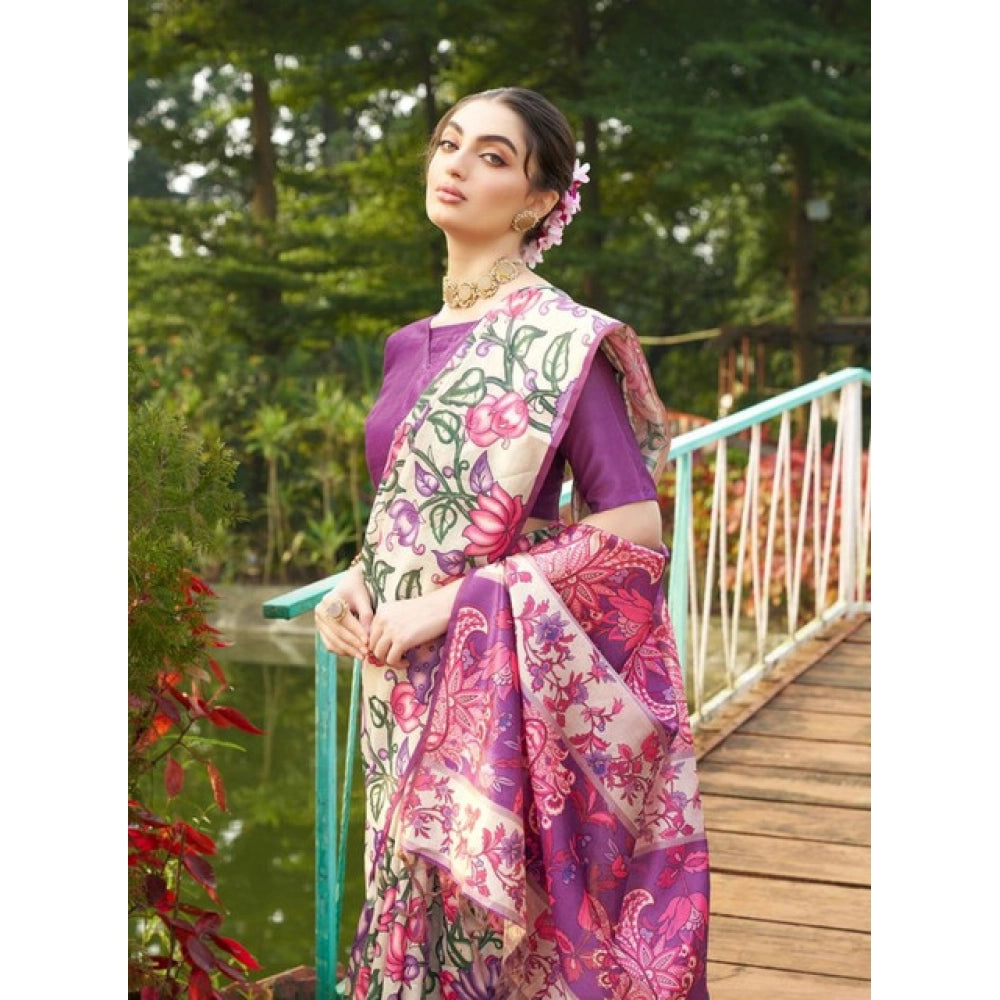 Women's Faux_Tussar Kalamkari_Print Saree With Unstitched Blouse 5.5Mtr (Purple)