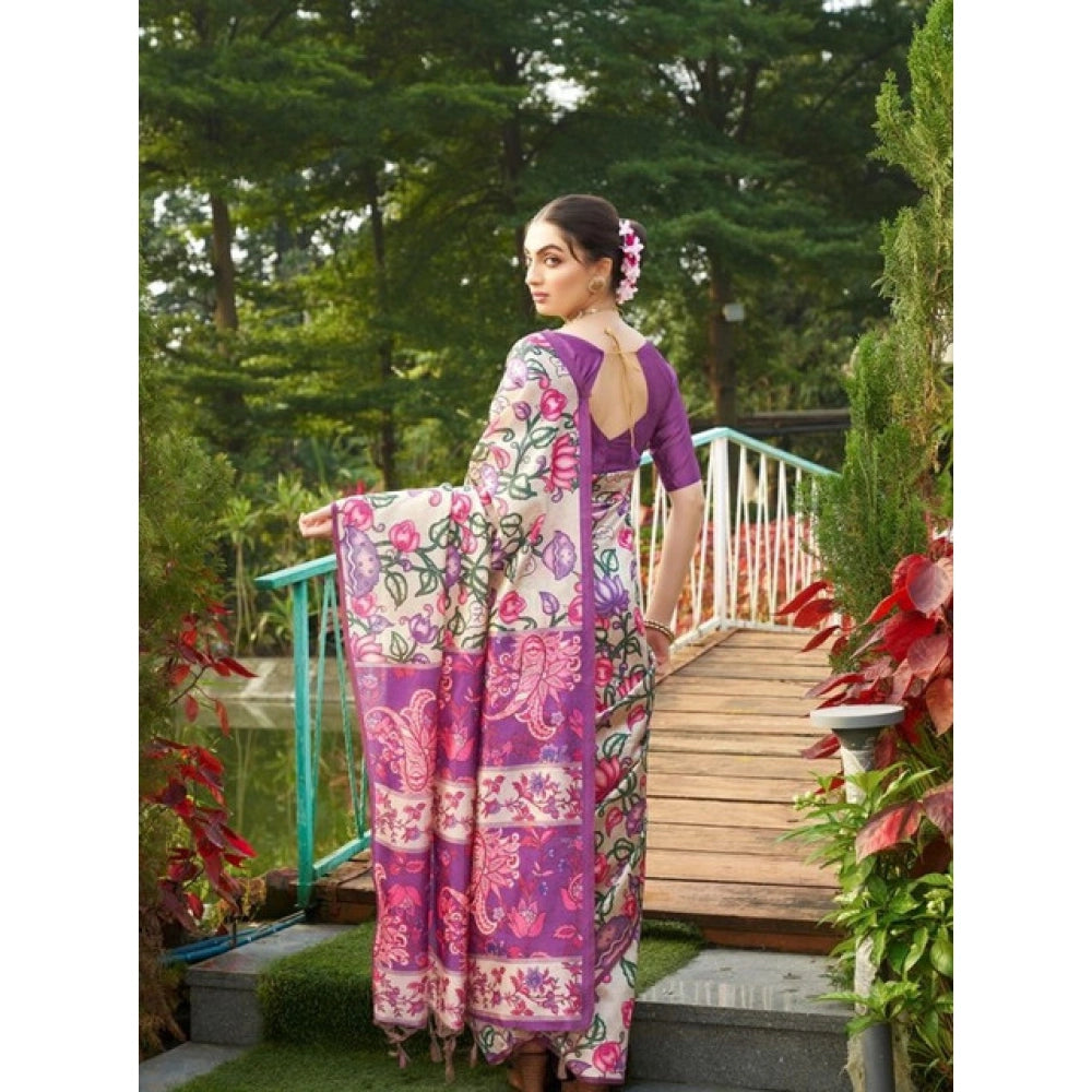 Women's Faux_Tussar Kalamkari_Print Saree With Unstitched Blouse 5.5Mtr (Purple)