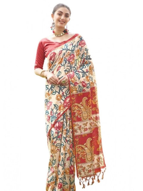 Generic Women's Faux_Tussar Kalamkari_Print Saree With Unstitched Blouse 5.5Mtr (Red)