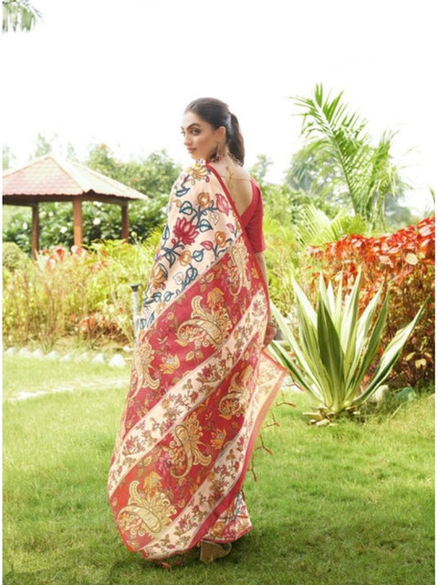 Generic Women's Faux_Tussar Kalamkari_Print Saree With Unstitched Blouse 5.5Mtr (Red)