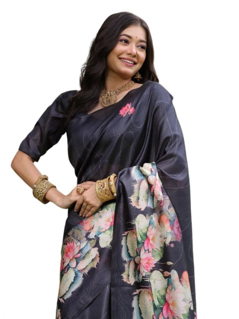 Generic Women's Faux_Tussar Floral Saree With Unstitched Blouse 5.5Mtr (Black)