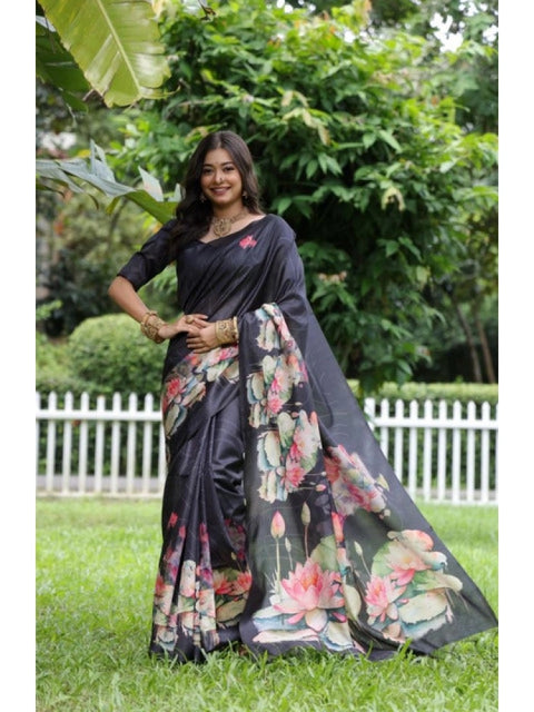 Generic Women's Faux_Tussar Floral Saree With Unstitched Blouse 5.5Mtr (Black)