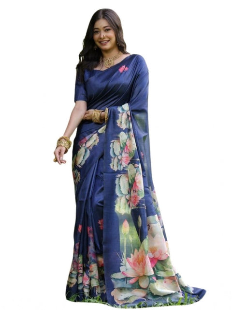 Generic Women's Faux_Tussar Floral Saree With Unstitched Blouse 5.5Mtr (Navy_Blue)