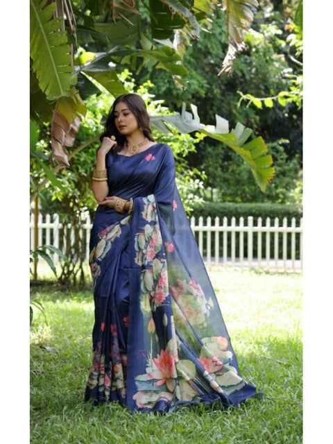 Generic Women's Faux_Tussar Floral Saree With Unstitched Blouse 5.5Mtr (Navy_Blue)