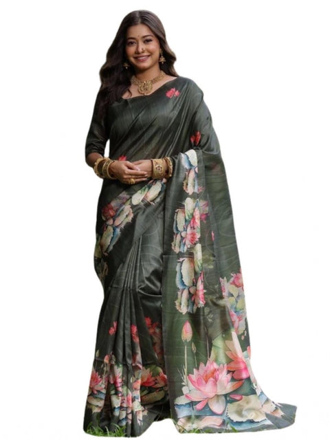 Generic Women's Faux_Tussar Floral Saree With Unstitched Blouse 5.5Mtr (Olive)