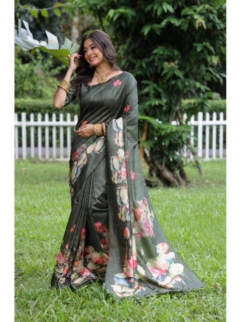 Generic Women's Faux_Tussar Floral Saree With Unstitched Blouse 5.5Mtr (Olive)