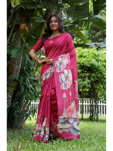 Generic Women's Faux_Tussar Floral Saree With Unstitched Blouse 5.5Mtr (Pink)
