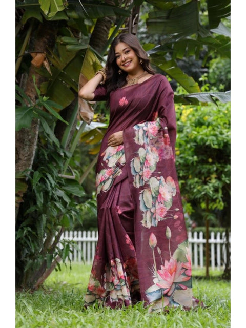 Generic Women's Faux_Tussar Floral Saree With Unstitched Blouse 5.5Mtr (Purple)
