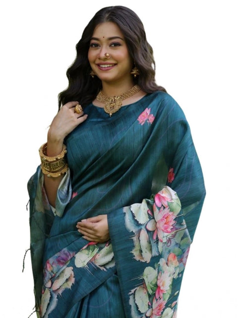 Generic Women's Faux_Tussar Floral Saree With Unstitched Blouse 5.5Mtr (Teal)