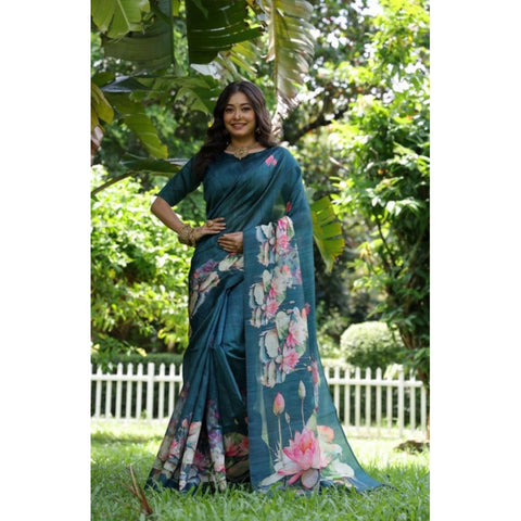 Generic Women's Faux_Tussar Floral Saree With Unstitched Blouse 5.5Mtr (Teal)