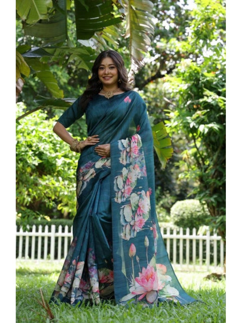 Generic Women's Faux_Tussar Floral Saree With Unstitched Blouse 5.5Mtr (Teal)