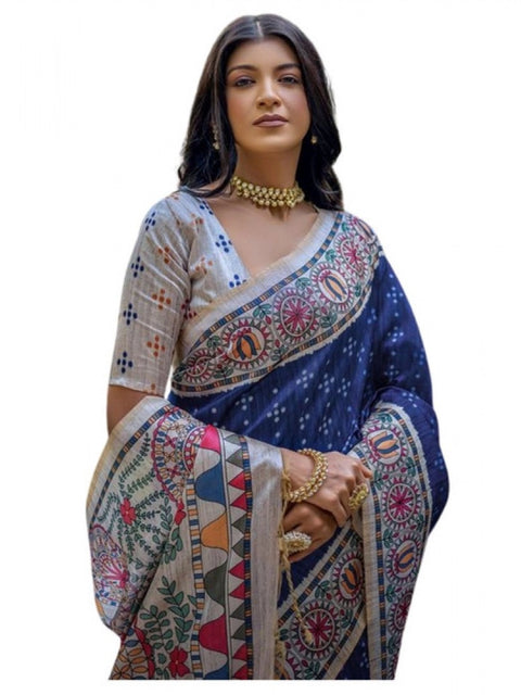 Generic Women's Faux_Tussar Geometric_Print Saree With Unstitched Blouse 5.5Mtr (Blue)
