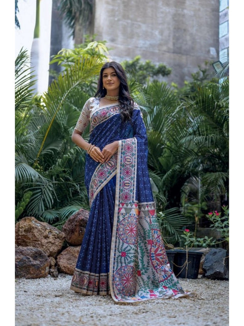 Generic Women's Faux_Tussar Geometric_Print Saree With Unstitched Blouse 5.5Mtr (Blue)