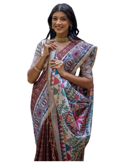 Generic Women's Faux_Tussar Geometric_Print Saree With Unstitched Blouse 5.5Mtr (Coffee)