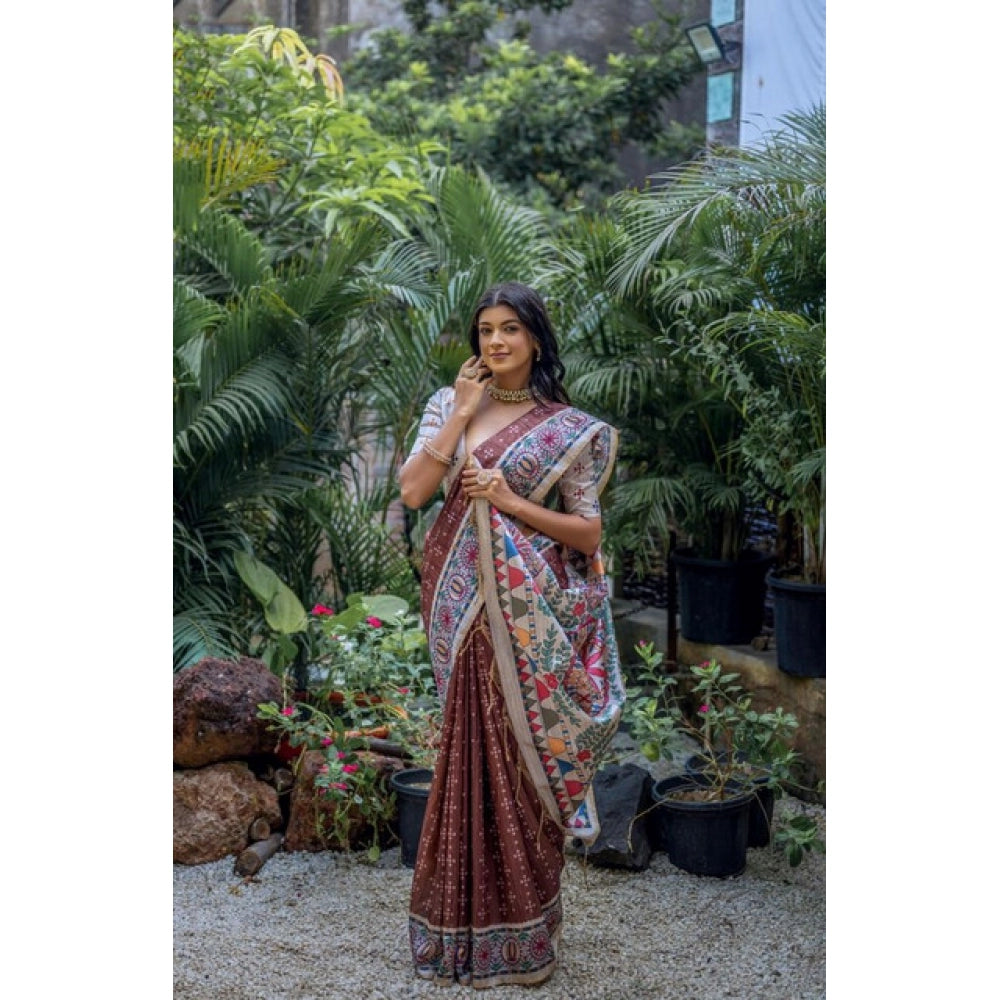 Women's Faux_Tussar Geometric_Print Saree With Unstitched Blouse 5.5Mtr (Coffee)