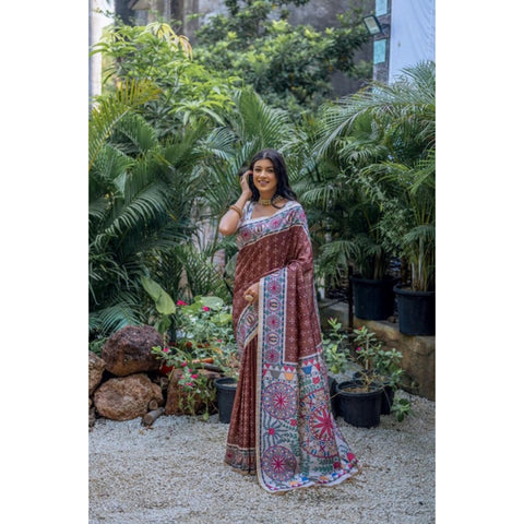 Women's Faux_Tussar Geometric_Print Saree With Unstitched Blouse 5.5Mtr (Coffee)
