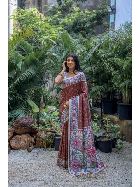 Women's Faux_Tussar Geometric_Print Saree With Unstitched Blouse 5.5Mtr (Coffee)