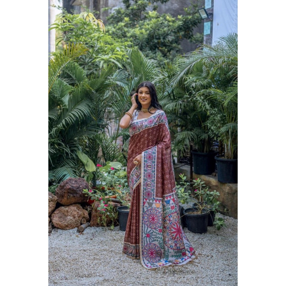 Women's Faux_Tussar Geometric_Print Saree With Unstitched Blouse 5.5Mtr (Coffee)