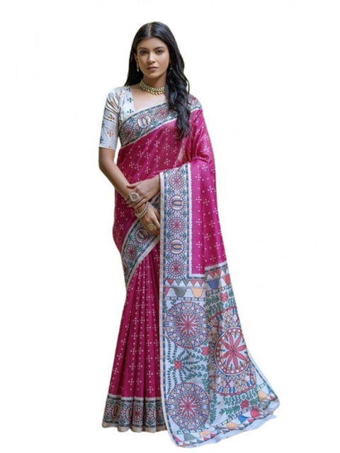 Generic Women's Faux_Tussar Geometric_Print Saree With Unstitched Blouse 5.5Mtr (Pink)