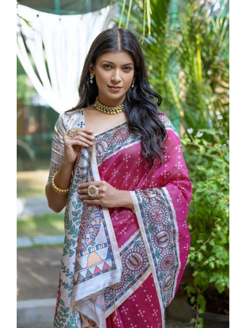 Generic Women's Faux_Tussar Geometric_Print Saree With Unstitched Blouse 5.5Mtr (Pink)