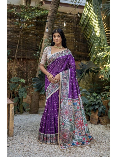 Women's Faux_Tussar Geometric_Print Saree With Unstitched Blouse 5.5Mtr (Purple)