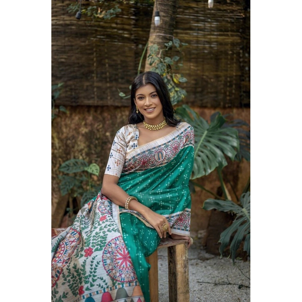 Women's Faux_Tussar Geometric_Print Saree With Unstitched Blouse 5.5Mtr (Rama_Green)