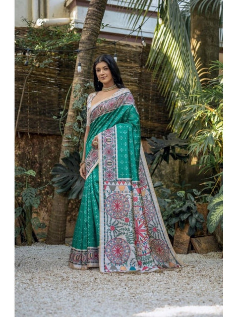 Women's Faux_Tussar Geometric_Print Saree With Unstitched Blouse 5.5Mtr (Rama_Green)