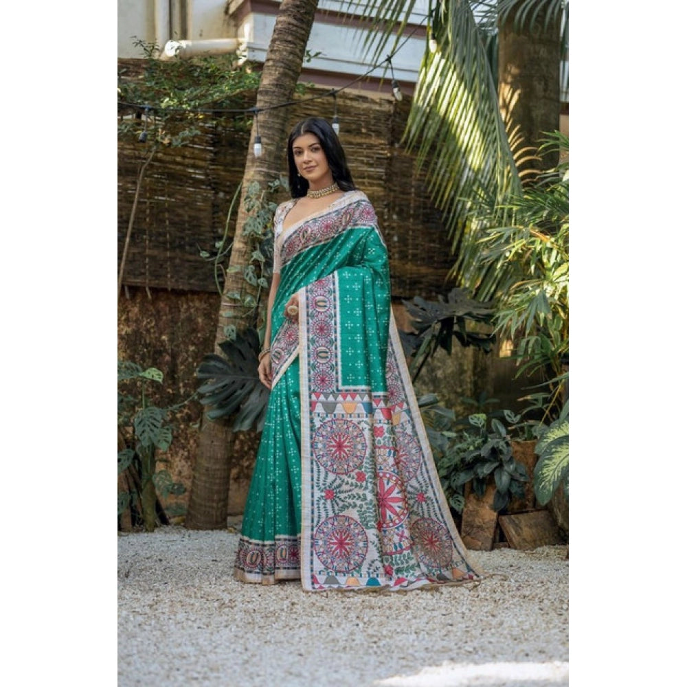 Women's Faux_Tussar Geometric_Print Saree With Unstitched Blouse 5.5Mtr (Rama_Green)