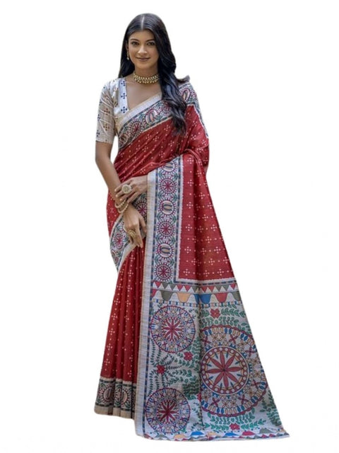 Generic Women's Faux_Tussar Geometric_Print Saree With Unstitched Blouse 5.5Mtr (Red)