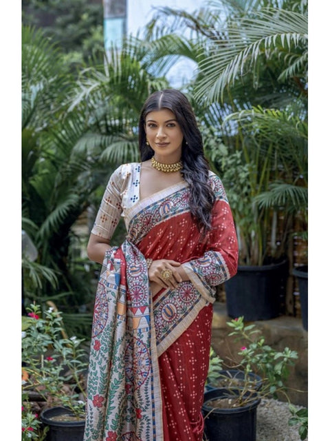 Generic Women's Faux_Tussar Geometric_Print Saree With Unstitched Blouse 5.5Mtr (Red)