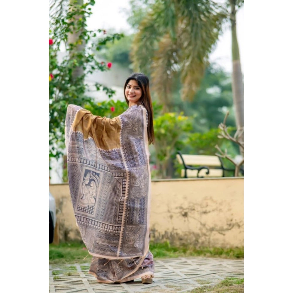 Women's Faux_Tussar Geometric_Print Saree With Unstitched Blouse 5.5Mtr (Mustard)
