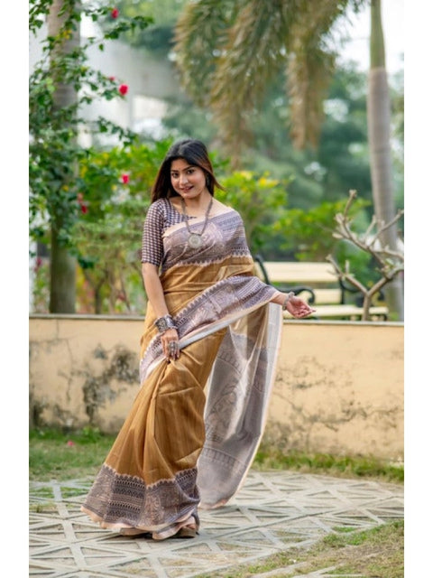 Women's Faux_Tussar Geometric_Print Saree With Unstitched Blouse 5.5Mtr (Mustard)