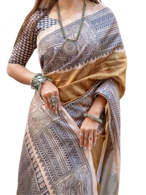 Women's Faux_Tussar Geometric_Print Saree With Unstitched Blouse 5.5Mtr (Mustard)