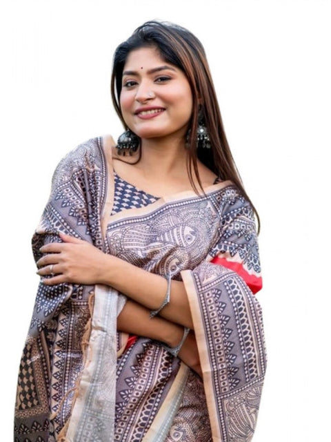 Women's Faux_Tussar Geometric_Print Saree With Unstitched Blouse 5.5Mtr (Orange)