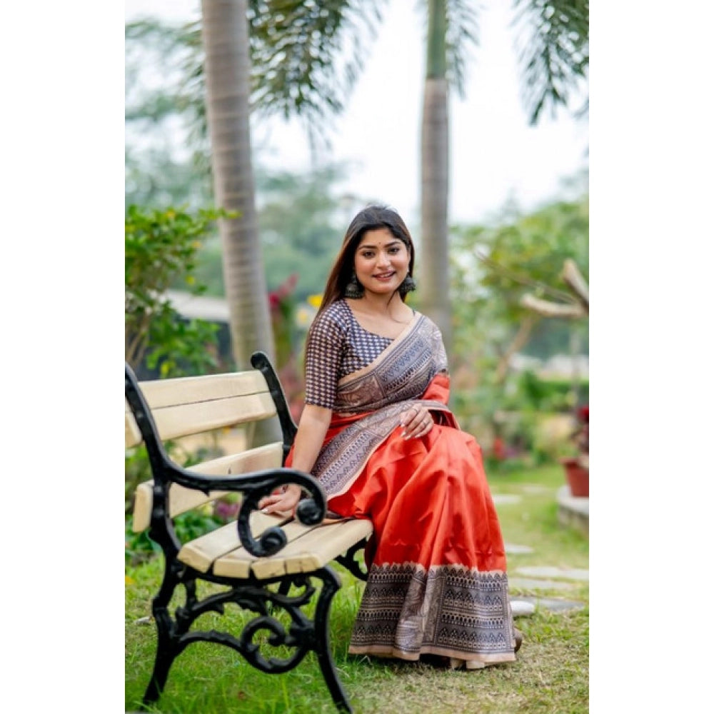 Women's Faux_Tussar Geometric_Print Saree With Unstitched Blouse 5.5Mtr (Orange)