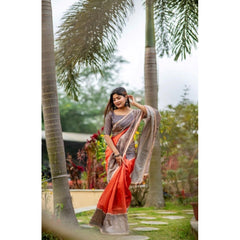 Women's Faux_Tussar Geometric_Print Saree With Unstitched Blouse 5.5Mtr (Orange)