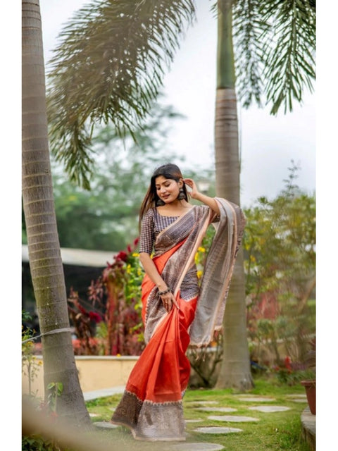Women's Faux_Tussar Geometric_Print Saree With Unstitched Blouse 5.5Mtr (Orange)