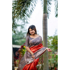 Women's Faux_Tussar Geometric_Print Saree With Unstitched Blouse 5.5Mtr (Orange)