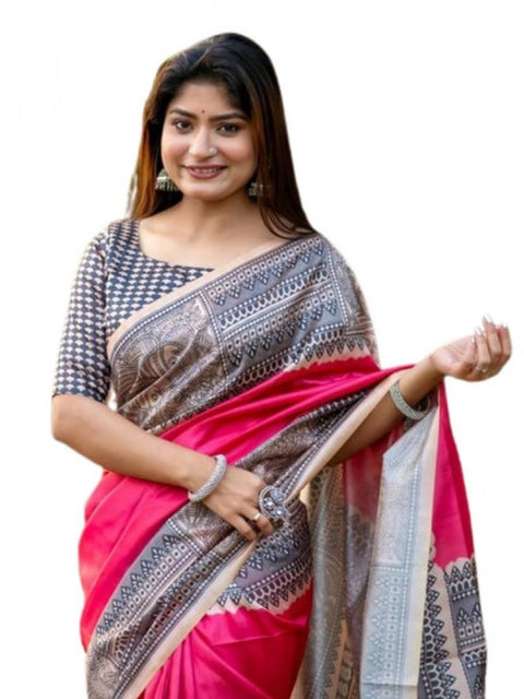 Generic Women's Faux_Tussar Geometric_Print Saree With Unstitched Blouse 5.5Mtr (Pink)