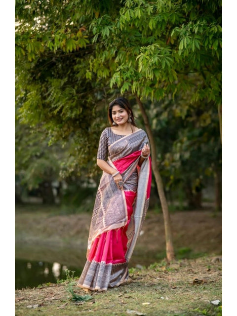 Generic Women's Faux_Tussar Geometric_Print Saree With Unstitched Blouse 5.5Mtr (Pink)