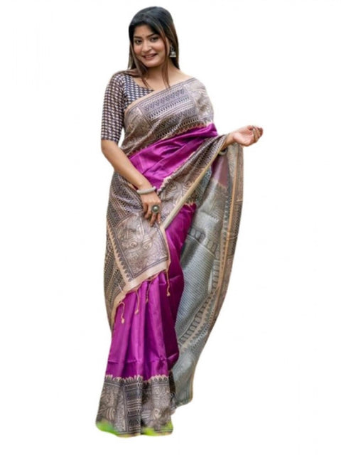 Generic Women's Faux_Tussar Geometric_Print Saree With Unstitched Blouse 5.5Mtr (Purple)